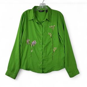Agapo‎ Button Down Embroidered Top Womens M Long Sleeve Green Lightweight